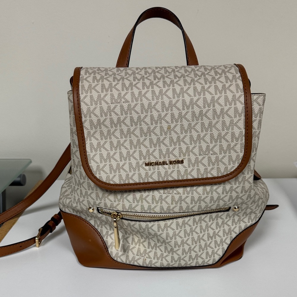 Michael Kors Harrison Beige and Brown Logo Backpack